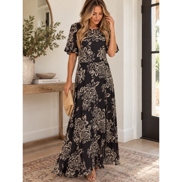 Baltic Born Dresses & Skirts - Baltic Born Agnes Satin Maxi Dress Black Cream Floral 3XL AGN-DR-69819-3X